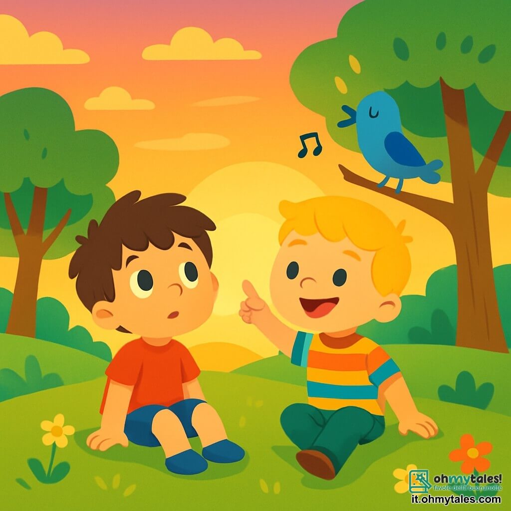 Ci sono 2 personaggi principali: Leo, un bambino di quasi 4 anni con capelli castani disordinati e grandi occhi curiosi, indossa una maglietta rossa e pantaloni blu, seduto sull'erba con un'espressione pensierosa; e Nico, un bambino di quasi 4 anni con capelli biondi e un sorriso splendente, indossa una camicia a righe multicolori e pantaloni verdi, accanto a Leo, punta un dito verso un uccello blu che canta su un ramo. La scena si svolge su una collina verde, illuminata dalla luce dorata del sole al tramonto, con erba morbida e fiori colorati, mentre sullo sfondo si ergono alberi maestosi le cui foglie danzano al vento. Il cielo è un dipinto di colori caldi, con sfumature di arancione, rosa e viola. La situazione principale mostra Leo e Nico seduti insieme sulla collina, contemplando il magnifico tramonto e discutendo gioiosamente di cosa possa essere la vera definizione della felicità, circondati dalla bellezza della natura e dai dolci canti degli uccelli.