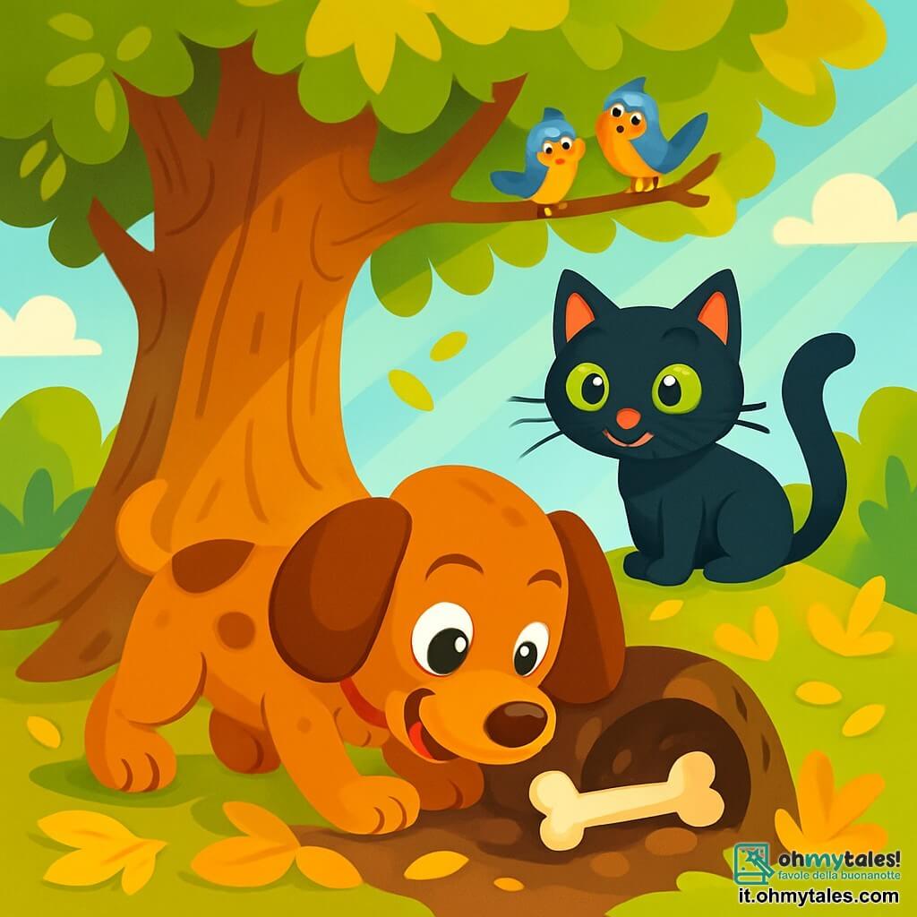 Spotty, un giovane cane marrone con grandi orecchie pendenti e occhi pieni di curiosità, è accovacciato vicino a un grande albero di quercia, con il muso immerso nella terra, mostrando un'espressione di eccitazione e determinazione. Accanto a lui, Micio, un gatto nero dagli occhi verdi brillanti, si trova su un ramo basso, guardando con interesse, i baffi tremolanti di entusiasmo. Il terreno è cosparso di foglie dorate, e i raggi di sole filtrano tra i rami, illuminando la scena con una luce dolce e calda. Spotty scopre una piccola tana sotto l'albero, dove si nascondono degli ossa, mentre gli uccelli cantano gioiosamente nei rami sopra.
