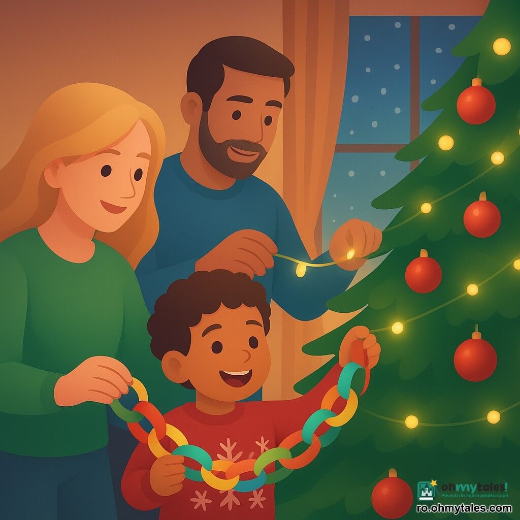 Un băiat de 4 ani, Luca, cu părul castaniu și creț și ochi strălucitori, zâmbește fericit în timp ce ține o ghirlandă de hârtie colorată. Poartă un pulover roșu cu un model de fulgi de zăpadă albi. Lângă el, mama lui, o femeie de aproximativ 30 de ani, cu părul blond lung și un chip blând, îl ajută să agațe ghirlanda în bradul de Crăciun. Ea poartă un pulover verde și zâmbește cu drag. Un bărbat de aproximativ 35 de ani, tatăl său, cu părul brun scurt și o barbă ușoară, ajustează luminile bradului. Poartă un pulover albastru și stă lângă brad. Bradul de Crăciun este mare și impunător, decorat cu globuri roșii și aurii, cu lumini sclipitoare. Camera este primitoare, cu un foc de șemineu trosnind și ferestre care arată zăpada căzând ușor afară. Scena principală îl arată pe Luca agățând ghirlanda cu entuziasm, iluminat de luminile bradului, creând o atmosferă festivă și magică.