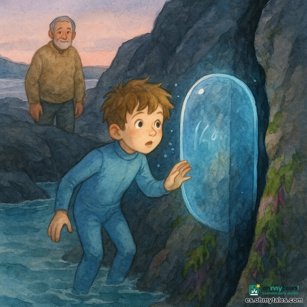 Un niño de 10 años de rostro redondo, pelo castaño claro alborotado y ojos grandes y curiosos, con expresión asombrada y algo tímida, viste un traje de buceo azul claro y extiende la mano hacia una gran burbuja transparente con borde luminoso azul que flota frente a una grieta rocosa cubierta de algas; un anciano de unos 70 años, con barba gris corta y piel arrugada pero amable, en suéter beige observa desde la orilla; la cala rocosa al crepúsculo tiene rocas oscura pizarra, algas verdes y violetas y agua turquesa tranquila, mientras la burbuja, que parece abrirse como una puerta y muestra una inscripción luminosa, ilumina el rostro del niño con luz azul y pequeñas burbujas, creando una atmósfera dulce, misteriosa y prometedora.