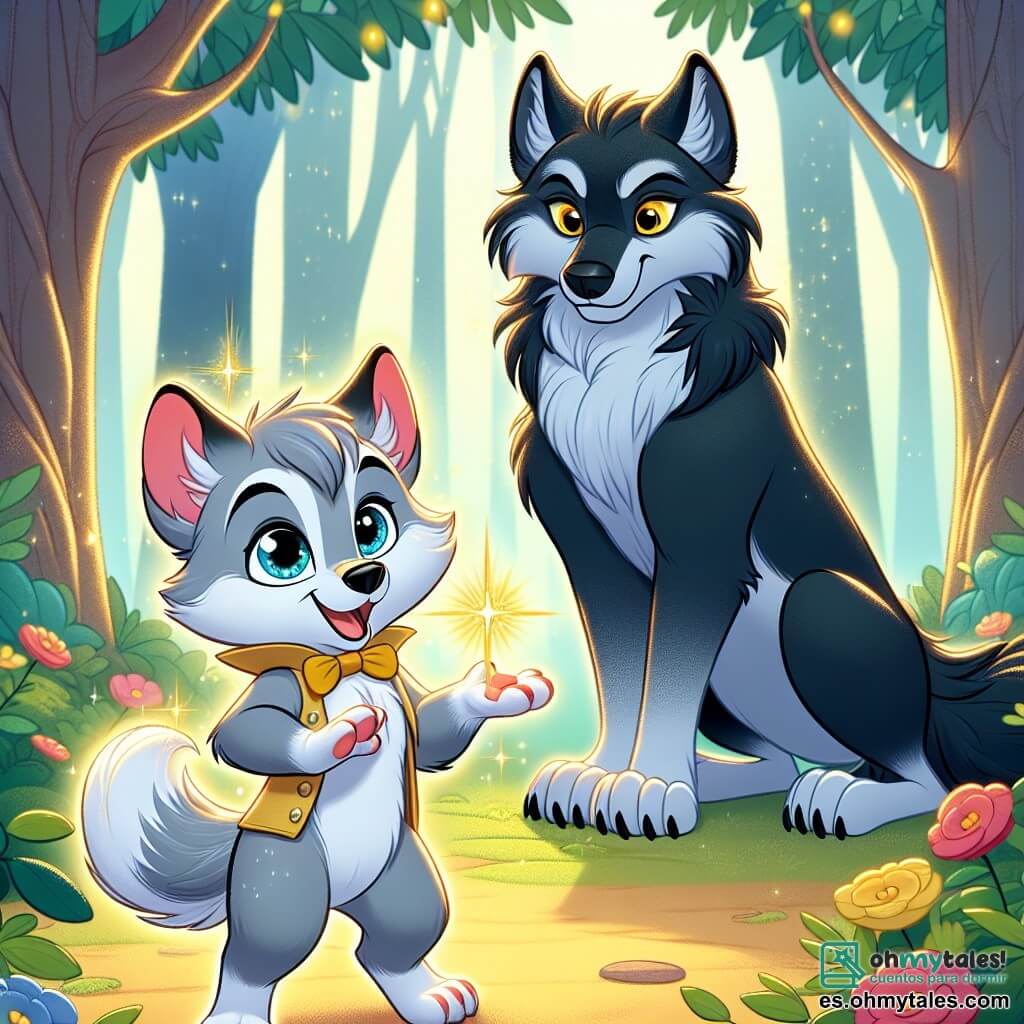 En el centro de la imagen, un pequeño lobo llamado Lupi, con un suave pelaje gris y ojos llenos de curiosidad, se mantiene valientemente, con la cabeza en alto y una sonrisa decidida en su rostro, sosteniendo una pluma mágica brillante en su pata. A su derecha, el gran lobo malo, alto e imponente con pelaje negro y ojos amarillos penetrantes, muestra una expresión de sorpresa y admiración, con las orejas ligeramente bajas, como si estuviera escuchando a Lupi atentamente. El escenario se sitúa en un bosque encantado, donde los árboles son altos y majestuosos, sus hojas de un verde brillante, y los rayos de sol filtran a través de las ramas, creando una atmósfera cálida y mágica. La situación principal muestra a Lupi, el pequeño lobo, demostrando valentía al hablar con el gran lobo malo, que parece dudoso pero intrigado, ilustrando así un momento de transformación y comprensión entre los dos personajes.