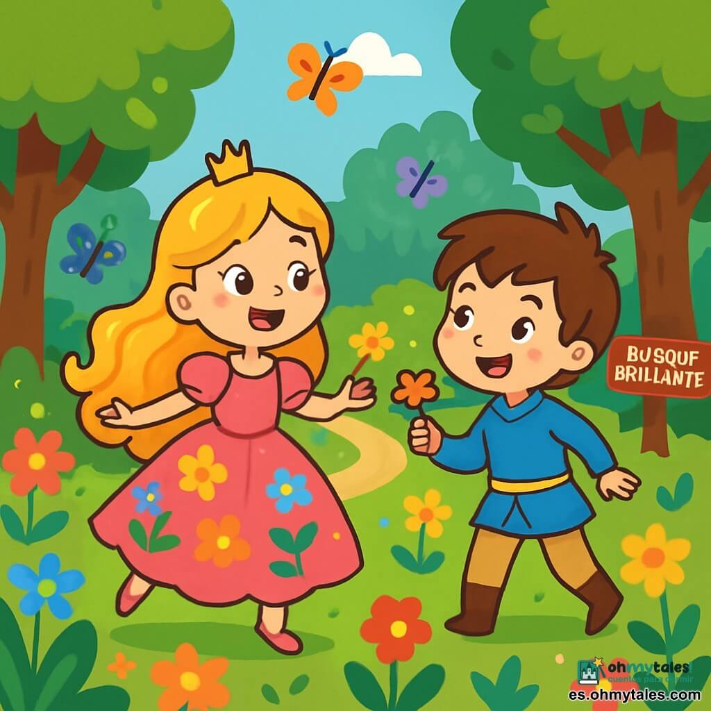 Una princesa Lila, de unos 8 años, con largos cabellos dorados y bucles brillantes, lleva un vestido rosa brillante adornado con flores coloridas. Tiene una sonrisa radiante y ojos chispeantes de emoción, bailando alegremente en medio de un jardín encantado. A su lado, un joven príncipe de 9 años, con cabello castaño desordenado y una sonrisa traviesa, lleva una túnica azul y pantalones beige. Sostiene una pequeña flor en su mano y mira a Lila con admiración. El jardín está lleno de flores multicolores, grandes árboles con hojas brillantes y mariposas que revolotean alrededor, creando una atmósfera mágica. Al fondo, un camino sinuoso lleva a un misterioso Bosque Brillante, donde los árboles parecen susurrar secretos. La escena principal muestra a Lila y al príncipe riendo y jugando juntos, listos para explorar el Bosque Brillante, con sus corazones llenos de aventura y alegría.