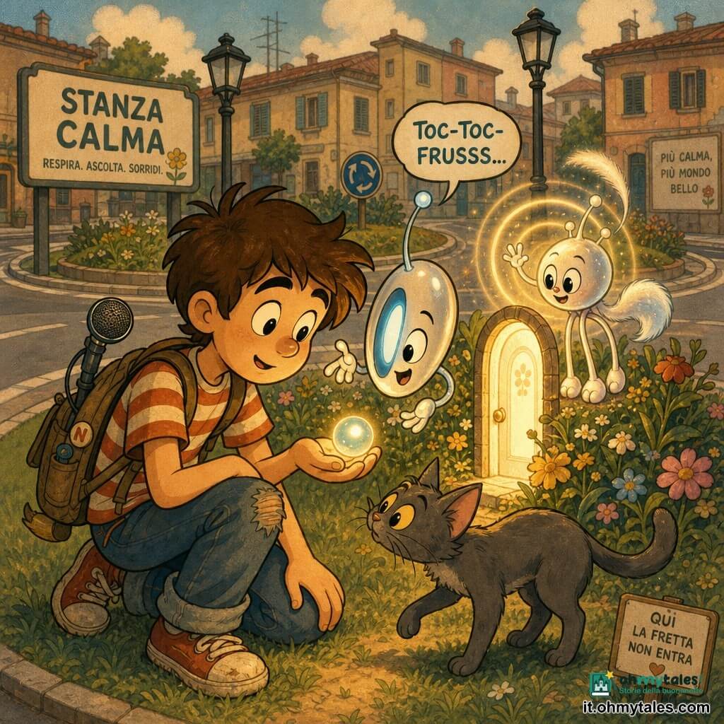 Un ragazzo di 12 anni, Nico, volto rotondo, capelli castani spettinati, occhi grandi e curiosi, sorriso timido, inginocchiato sull'erba con t-shirt a righe, jeans consumati e zaino con microfono, tiene una piccola sfera luminosa e guarda una porta di luce nell'aiuola; davanti a lui fluttua Lumi, un oggetto ovale perlaceo con una fessura che s'illumina di blu, antenna sottile ed espressione benevola; un gatto randagio grigio dagli occhi gialli annusa la sfera con la zampa alzata; sullo sfondo una creatura extraterrestre perlacea delle dimensioni di un bambino con tre zampe sottili e coda piumata emette anelli di luce e saluta fluttuando dietro la porta; luogo: rotatoria trasformata in "stanza calma" con prato circolare, aiuole fiorite, lampioni spenti e strada grigia attorno; atmosfera: scambio tenero e magico, luci soffuse dalla porta, palette pesca-giallo, celeste e verde tenero, stile grafico con linee spesse, espressioni esagerate, ombre arrotondate e texture vintage.