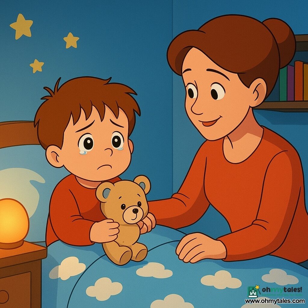 A worried but softened 2-year-old boy with a round face, tousled brown hair and teary wide eyes clutches a beige teddy bear with a blue ear patch to his chest while his mother, about 30, hair in a loose bun and wearing a reassuring smile, sits on the bed's edge tucking the blanket; the small, warm bedroom has pale blue walls, glow-in-the-dark star stickers on the ceiling, a low shelf with colorful books, a wooden toy chest and a round nightlight casting soft orange light, the cloud-patterned duvet and bedside lamp create a concentrated warm halo around the centrally seated boy and his mother to the right, evoking the soft saturated colors, clean outlines and smooth textures of 1990s cartoon art.