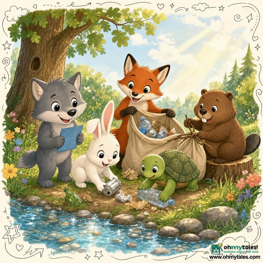 A soft gray wolf pup with round shiny eyes, proud and gentle, holds a blue paper and smiles as a curious white rabbit with big ears picks up a silver can beside him; a mischievous red fox wearing a tote bag of trash stands slightly back ready to help, a calm green turtle steadies a plastic bottle with its shell near the streambank, and a happy brown beaver ties a cord of twigs to close a bag while sitting on a stump; they gather in a grassy clearing by a clear pebble stream with a large oak, colorful flowers and golden sunbeams, working together to put litter into a big tote bag in a warm, naive, childlike style with rounded shapes and small doodles of leaves and water.