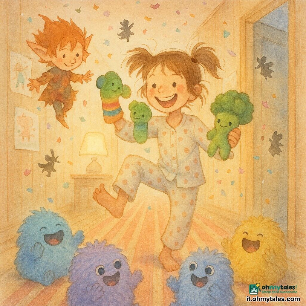 Nina, bambina di 10 anni gioiosa e birichina con occhi vivaci e capelli castano chiaro in codini disordinati, indossa un pigiama a pois e tiene una peluche-broccoli verde mentre fa uno spettacolo di marionette con calzini colorati, sorriso ampio; Brocco, peluche a forma di broccoli verde chiaro con occhi cuciti tondi, è nelle mani di Nina come se applaudisse; Fizzi, piccolo folletto birichino dal vestito di carta da regalo stropicciata e capelli arancioni spettinati, fluttua accanto a Nina facendo da presentatore; vari Grugnoli, mostriciattoli tondeggianti e morbidi in tonalità pastello (blu, viola, giallo) con grandi occhi luminosi, sono seduti in fila nel corridoio trasformato in palco con boiserie calde, tappeto a righe, luci soffuse e disegni di bambini alle pareti, e guardano meravigliati lo spettacolo festoso di calzini-marionetta con cori di risate e applausi, confetti di carta e piccole ombre magiche proiettate sulle pareti.