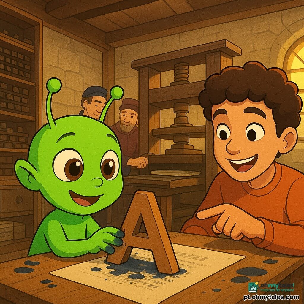 Zog, um pequeno alienígena infantil de pele verde brilhante, olhos castanho-avermelhados grandes e antenas finas, sorri maravilhado e toca timidamente uma grande letra de madeira numa mesa cheia de tinta, com os dedos verdes manchados de tinta azul; Miguel, um menino humano de cerca de 10 anos, cabelos castanhos encaracolados e olhar risonho, está ao lado de Zog apontando animado para a manivela da prensa; dois tipógrafos adultos ao fundo, de roupas antigas coloridas, empurram suavemente a grande prensa de madeira junto a uma pilha de papéis; a cena passa-se numa antiga tipografia do século XVI — vigas de madeira, paredes de pedra clara, gavetas de tipos metálicos, poças de tinta e raios de luz dourada por janelas de pequenos caixilhos — num momento caloroso e curioso em que Zog aprende a imprimir uma página antiga, composição íntima, cores vivas e ligeira contra-plongée para acentuar a prensa.