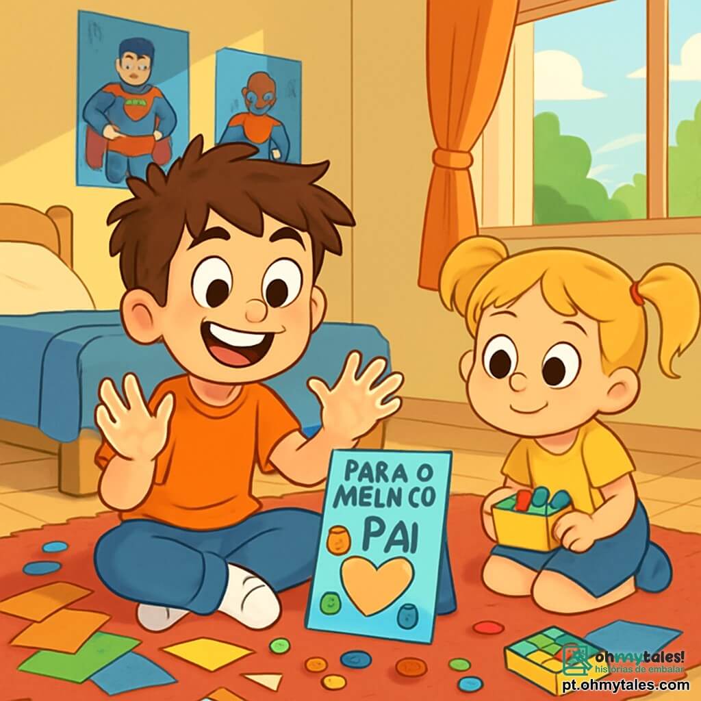 Um garoto de 10 anos, Davi, com cabelos castanhos bagunçados e olhos brilhantes de determinação, está sentado no chão de seu quarto desordenado, cercado por papéis coloridos, botões e pequenos objetos brilhantes. Ele sorri entusiasmado, com as mãos cheias de cola, enquanto cria um presente feito à mão para seu pai. Ao seu lado, sua irmãzinha de 6 anos, com cabelos loiros e tranças, observa com curiosidade, segurando uma pequena caixa de lápis de cor, pronta para ajudar. O quarto está iluminado, com pôsteres de super-heróis nas paredes e um tapete macio no chão, criando uma atmosfera alegre e criativa. Davi pensa intensamente em seu projeto, envolto pela empolgação do Dia dos Pais que se aproxima, enquanto risadas e música são ouvidas do lado de fora.