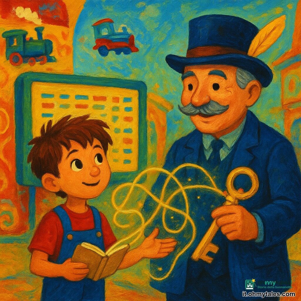 Un ragazzo di 8 anni, Luca, con capelli castani arruffati e occhi scintillanti di curiosità, si trova in una vecchia stazione colorata. Indossa una salopette blu e una maglietta rossa, e tiene un piccolo taccuino aperto nelle mani. Accanto a lui, un uomo di circa 60 anni, il signor Orari, con baffi grigi e un cappello con piuma, sorride calorosamente. Indossa una giacca blu e tiene una grande chiave dorata. Sono davanti a un grande tabellone con lettere danzanti e luminose. La stazione è piena di colori vivaci, con muri dipinti di motivi gioiosi e trenini in miniatura che fluttuano nell'aria. La scena mostra Luca e il signor Orari mentre riorganizzano i fili del tempo, che brillano come corde di luce attorno a loro, creando un'atmosfera magica e piena di mistero.