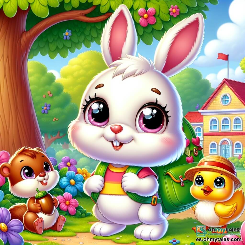 Un pequeño conejo blanco con grandes orejas, con una sonrisa tímida y ojos brillantes de emoción, se encuentra en el centro de la imagen, llevando una mochila colorida llena de útiles escolares. A su derecha, una pequeña ardilla marrón con una cola esponjosa y ojos chispeantes, sonriente y llena de energía, sostiene una galleta en sus patas mientras salta alegremente. A la izquierda, un pato amarillo con un sombrero de paja, mostrando una expresión amigable y curiosa, mira al conejo con entusiasmo, listo para compartir una aventura. El decorado es un parque verde, lleno de árboles con hojas brillantes y flores coloridas, con una escuela al fondo, sus muros pintados de colores vivos y una gran puerta abierta, acogiendo a los niños. La escena representa el momento en que los personajes se dirigen juntos hacia la escuela, llenos de emoción y aprensión por su primer día de clase, listos para vivir nuevas aventuras y hacer amigos.