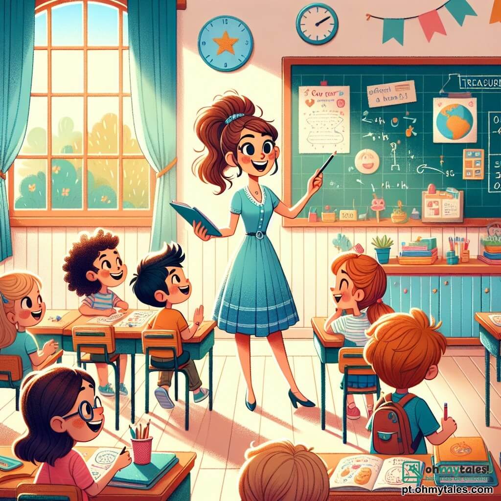A cena retrata a professora Sofia, uma mulher de trinta e poucos anos, com cabelos castanhos presos em um rabo de cavalo, vestindo um vestido azul claro. Ela tem um sorriso caloroso e olhos brilhantes de entusiasmo enquanto se encontra diante de um quadro negro, explicando uma atividade de caça ao tesouro para seus alunos. Ao seu lado, está Ana, uma menina de 8 anos com cabelos cacheados e óculos, segurando um lápis e um caderno de esboços, pronta para desenhar as descobertas do dia. Um pouco mais longe, João, um garoto de 9 anos, está mostrando orgulhosamente um modelo de papel do planeta Júpiter, com um grande sorriso no rosto. O cenário é uma sala de aula colorida, cheia de cartazes educativos nas paredes, mesas de madeira dispostas em grupos e estantes repletas de livros e materiais escolares. A luz do sol entra pelas janelas, iluminando o ambiente com um brilho suave. A situação principal mostra Sofia explicando com paixão as regras da caça ao tesouro, enquanto as crianças, fascinadas, escutam atentamente, ansiosas para começar sua aventura de aprendizado.