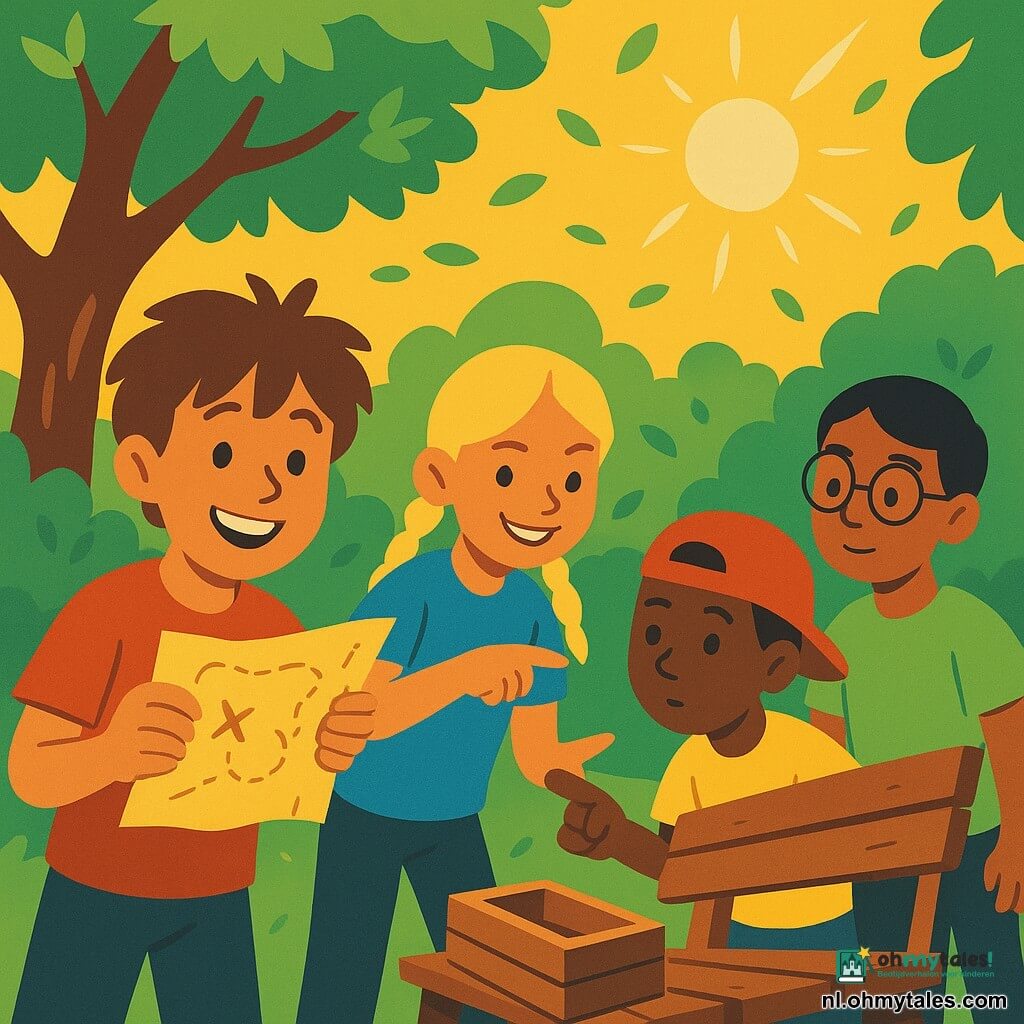 Een jongen van 8 jaar, Timo, met warrig bruin haar en een stralende glimlach, houdt een schatkaart vast, zijn ogen glinsteren van opwinding. Naast hem staat een meisje van 8 jaar, Noor, met blonde vlechten en een ondeugende blik, die naar een houten bank wijst. Een jongen van 8 jaar, Sam, met een rode pet achterstevoren, houdt een kleine schop vast en kijkt nieuwsgierig naar de bank. Een andere jongen van 8 jaar, Joris, met ronde bril en een groen t-shirt, observeert de scène aandachtig. De groep bevindt zich in een groen park, met grote bomen waarvan de bladeren dansen en een licht versleten houten bank die zachtjes lijkt te trillen. De hoofdscène toont de kinderen die een geheim compartiment in de bank ontdekken, waarin een houten doos en een mysterieuze kaart tevoorschijn komen, omringd door dwarrelende bladeren en zonnestralen die door de takken filteren.