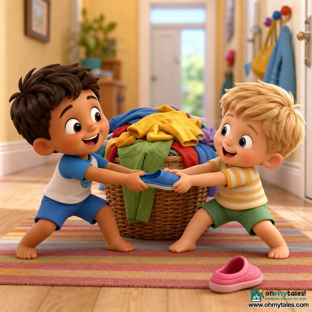 Two 3-year-old boys — one with short brown hair, round cheeks and big smiles holding a small blue slipper firmly to the left of an open wicker laundry basket, the other with soft blond locks and sparkling eyes clutching the same blue slipper with both hands to the right of his brother as they gently tug — stand in a bright hallway with light wood floors, a colorful striped rug, and a large basket overflowing with bright clothes (yellow shirts, green pants) with a lone pink slipper beside; they engage in a comical tug-of-war, bent knees, wiggling toes and laughing faces, the slipper making a small "boing" motion.