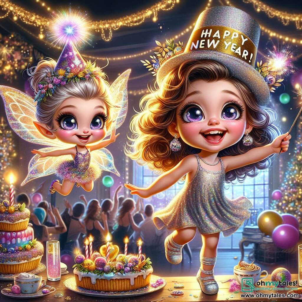 A 6-year-old girl named Lily, with big sparkling eyes and curly hair, wears a shimmering party hat. She is full of excitement, jumping for joy with a big smile, surrounded by colorful New Year decorations. Next to her is a little fairy named Sparkle, with shiny wings and a sparkling dress, joyfully flying in the air while holding a magic wand. She has a smiling face radiating happiness, ready to spread magic. In the background, the room is decorated with sparkling garlands, colorful balloons, and a large "Happy New Year!" banner in golden letters. A table is filled with delicious treats, and friends and family dance and laugh, creating a festive atmosphere. The main scene shows Lily and Sparkle, hand in hand, gazing in wonder at a dazzling firework display in the night sky, illuminating their faces with magical, colorful light as they celebrate the magic of the New Year together.