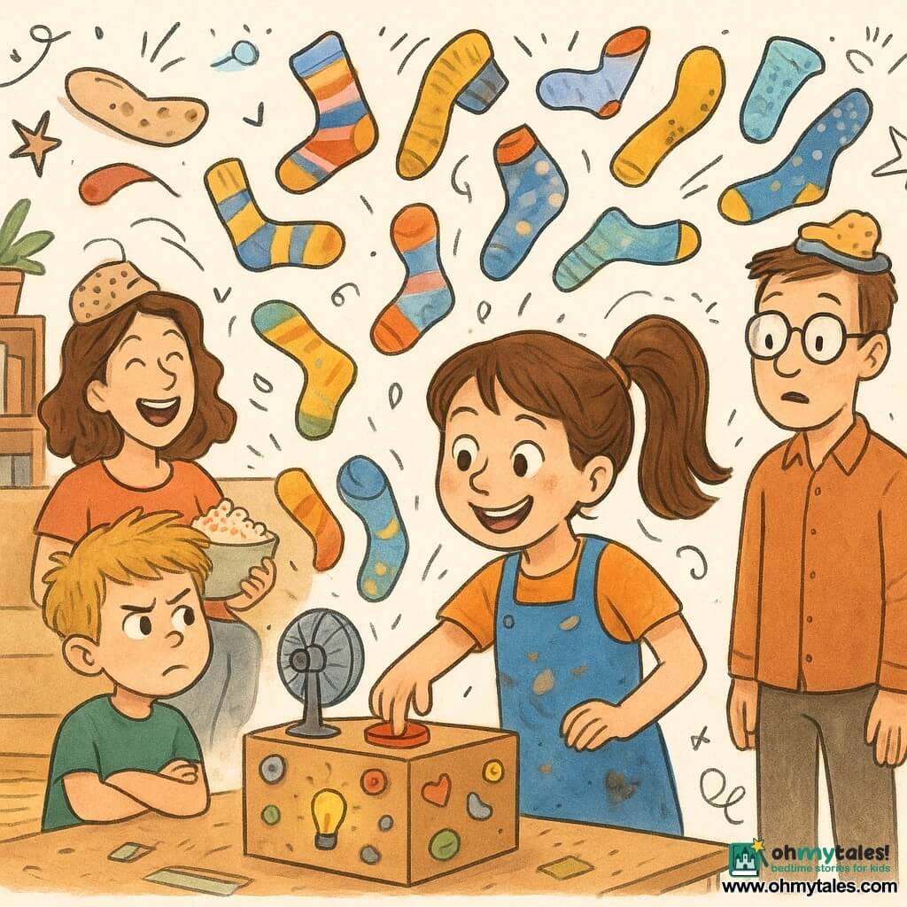 Mira, a smiling, focused girl inventor with brown hair in a ponytail and glue and cocoa stains on her blue apron, presses a big red button on a decorated shoebox contraption; Leo, an about-8-year-old blond boy with tousled hair, arms crossed and a skeptical but amused look, stands to her left holding a small notebook; Mom, in her thirties, laughs with a bowl of popcorn on the couch wearing a comical slipper on her head; Dad, in his forties with glasses slid down his nose, stands by the table looking surprised with a slipper askew on his head. The kraft cardboard shoebox machine sits center, decorated with colorful buttons, a blinking yellow interior light and a visible fan blowing multicolored socks (striped, polka-dot, banana-patterned) into the air like confetti. The warm, cluttered living room has shelves of books, a potted plant, a patterned rug, taped-up kids’ invention posters and stray pieces of tape; the scene captures a playful explosion of flying socks toward the viewer, exaggerated joyful expressions, dynamic movement, bright contrasting colors and textures of cardboard, fabric and soft light for a comic, affectionate atmosphere.