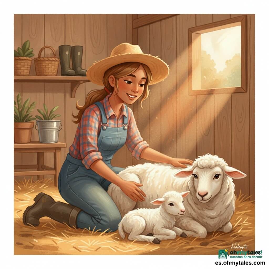 Mujer agricultora sonriente y cariñosa, cabello castaño claro recogido en coleta, con sombrero de paja, camisa a cuadros, peto vaquero y botas embarradas, arrodillada junto a una oveja blanca y lanuda llamada Luna que descansa sobre paja limpia mientras la acaricia; un corderito recién nacido, todo blanco y aún húmedo, acurrucado contra Luna en primer plano cerca de las manos de la mujer; establo de madera al fondo con rayos de sol naranja filtrándose por una claraboya, herramientas y cubos en estantes; escena tierno y apacible de nacimiento con atmósfera cálida, colores suaves y texturas tipo gouache.