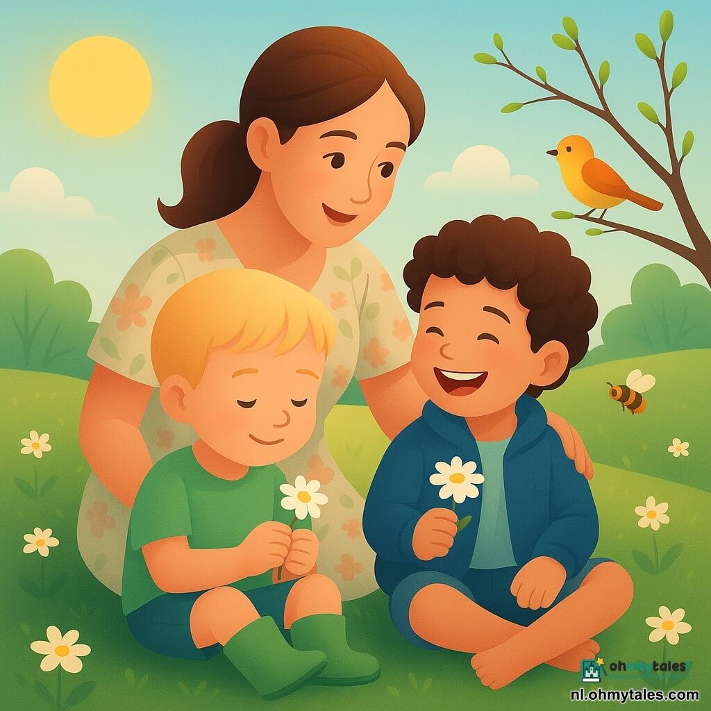 Drie personages: Finn, een jongen van ongeveer 4 jaar met kort blond haar en ronde wangen, zittend links in het gras in een lichtgroen T-shirt en groene rubberlaarzen, die een kleine witte madelief vasthoudt; Sam, ongeveer 4 jaar, krullend bruin haar en brede glimlach, rechts zittend in een blauwe jas en korte jeans, die lachend zijn madelief toont; en de moeder (30–35 jaar) met kastanjebruin haar in een paardenstaart, zachte gelaatstrekken en een lichte jurk met pastelbloemen, achter hen zittend, licht voorovergebogen met een lieve blik en een hand op Sams schouder. Locatie: een helder lentetuintje met groen gras vol kleine witte madeliefs, enkele kale takken met groene knoppen, een licht aardeachtig pad op de achtergrond, een lichtblauwe hemel met een lage goudgele zon en pluizige witte wolken; een bij die van een bloem of een korf wegvliegt en een vogel op een tak in de verte. Situatie: de jongens zitten in het gras en bewonderen hun madeliefs terwijl de moeder hen teder bekijkt; lichte, zachte kleuren, zonnestralen op hun gezichten, zachte schaduwen en een warme, rustige sfeer van ontdekking.