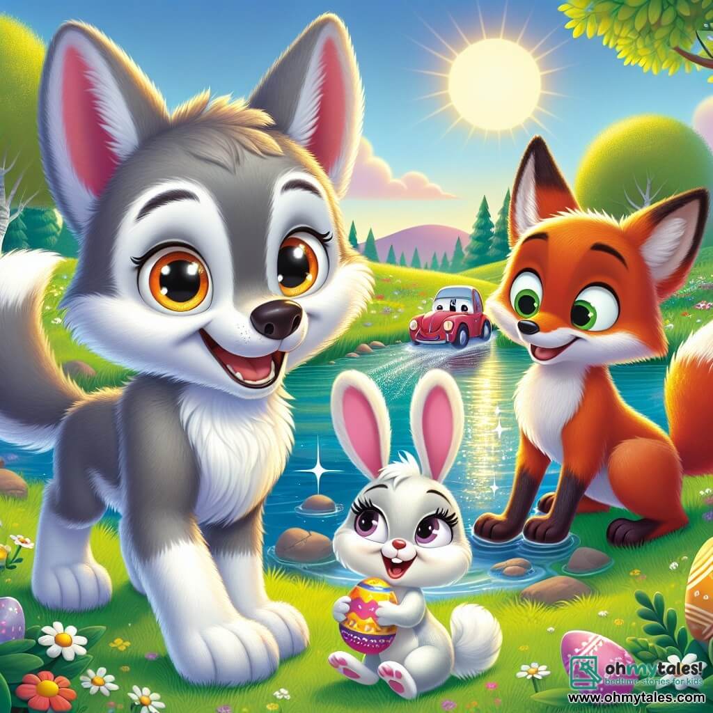 Wally, a cheerful little wolf with soft, fluffy fur, stands by a sparkling pond, his eyes sparkling with excitement. His big ears are perked up and his tail is in the air, showing how happy he is to share this adventure with his friends. Next to him, Bella, an adorable little rabbit with big ears and white fur, jumps for joy, her eyes shining with happiness. She holds a colorful egg in her front paws, ready to show it to Wally. Freddie, a clever fox with bright red fur, stands a little back with a mischievous smile on his face, holding a small toy car in his paw, eager to show it to his friends. The setting is a beautiful green field dotted with colorful flowers and bathed in the golden light of the setting sun. In the distance, a majestic old oak stands, while the sky is filled with pastel shades, creating a magical atmosphere. The scene shows Wally and his friends discovering a sparkling treasure chest emerging from the lake, filled with surprises and delights, symbolizing the spirit of adventure and friendship during this Easter celebration.