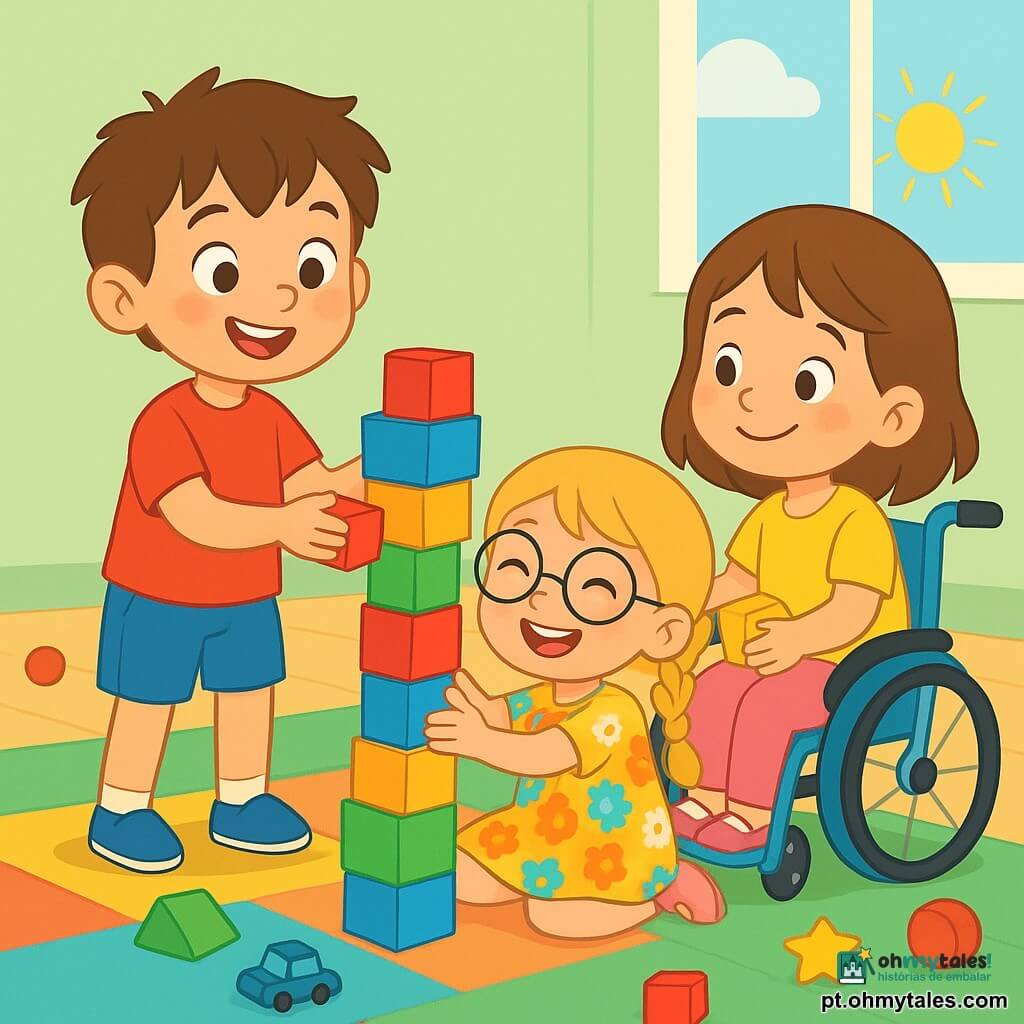 Há 3 personagens: Tomás, um menino de 6 anos com cabelo castanho bagunçado e olhos brilhantes, vestindo uma camiseta vermelha e um short azul, está em pé, sorrindo e segurando um bloco vermelho. Sofia, uma menina de 5 anos com cabelo loiro trançado e óculos redondos, vestindo um vestido colorido com flores, está sentada no chão, rindo e passando um bloco azul para Lara. Lara, uma menina de 6 anos com cabelo castanho e olhos suaves, está em uma cadeirinha de rodas azul, vestindo uma camiseta amarela e uma calça rosa, sorrindo enquanto segura um bloco amarelo, pronta para adicioná-lo à torre. O local é uma sala de jogos iluminada, com paredes verdes claras e janelas que deixam entrar a luz do sol. Tapetes coloridos estão espalhados pelo chão, e brinquedos estão desordenados ao redor, criando uma atmosfera alegre e acolhedora. A cena principal mostra os três amigos construindo uma grande torre de blocos coloridos, com Tomás concentrado na empilhagem, enquanto Sofia passa um bloco para Lara, que sorri entusiasticamente. A atmosfera é cheia de risos e camaradagem, ilustrando amizade e ajuda mútua.