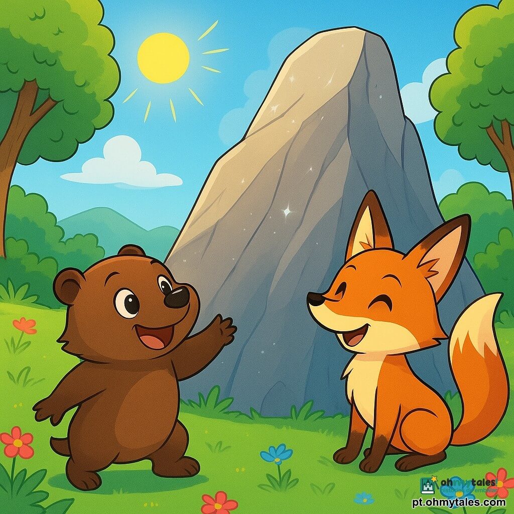 Tito, o tatu de pelagem marrom e patas pequenas, está aos pés de uma imensa pedra íngreme, com os olhos brilhando de excitação e um grande sorriso no rosto. Ele está pronto para enfrentar o desafio impossível de escalar a pedra Sabichona, que brilha sob o sol, com gotas de orvalho cintilantes. Rita, a raposa, está ao seu lado, com sua pelagem ruiva e grandes orelhas atentas. Ela tem uma expressão divertida, os olhos brilhando de travessura, enquanto abana a cauda com impaciência, pronta para incentivar seu amigo. O cenário é uma clareira verdejante, cercada por árvores de folhas vibrantes, com flores coloridas dançando ao vento. O céu é de um azul intenso, salpicado de nuvens fofas. Tito, determinado e alegre, se prepara para dar o primeiro passo em direção à pedra escorregadia, enquanto os outros animais os observam com curiosidade e entusiasmo, ansiosos para ver se ele conseguirá superar esse desafio.