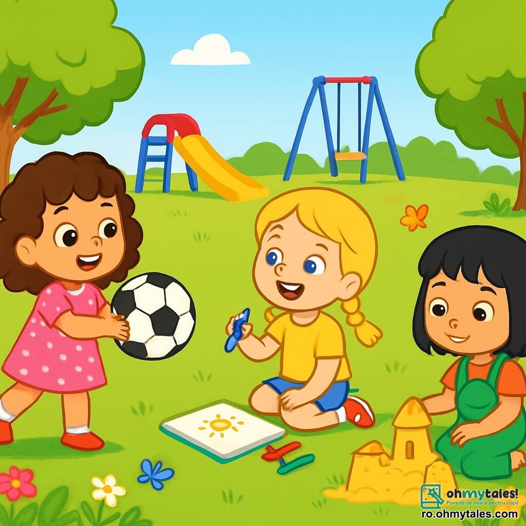 Există 3 personaje: - Mia: o fetiță de 5 ani, cu părul brun creț și ochi strălucitori. Poartă o rochie roz cu buline albe și ține o minge de fotbal în mâini. - Ana: o fetiță de 5 ani, cu părul blond împletit și ochi albaștri. Poartă un tricou galben și o pereche de pantaloni scurți din denim, desenând într-un caiet cu creioane colorate. - Sara: o fetiță de 5 ani, cu părul negru drept și ochi căprui. Poartă o salopetă verde și sandale, stând pe iarbă, înconjurată de flori colorate, construind un castel de nisip. Acțiunea are loc într-un parc însorit, cu copaci verzi, flori vibrante și un cer albastru. În depărtare, se vede un tobogan colorat și leagăne. Iarba este moale și verde, iar fluturii zboară în jurul florilor. Cele trei prietene se joacă împreună, Mia aruncând mingea de fotbal către Ana, care râde încercând să deseneze în timp ce se joacă. Sara este absorbită de castelul ei de nisip, creând o lume imaginară. Atmosfera este veselă și plină de energie, ilustrând bucuria de a juca afară fără ecrane.