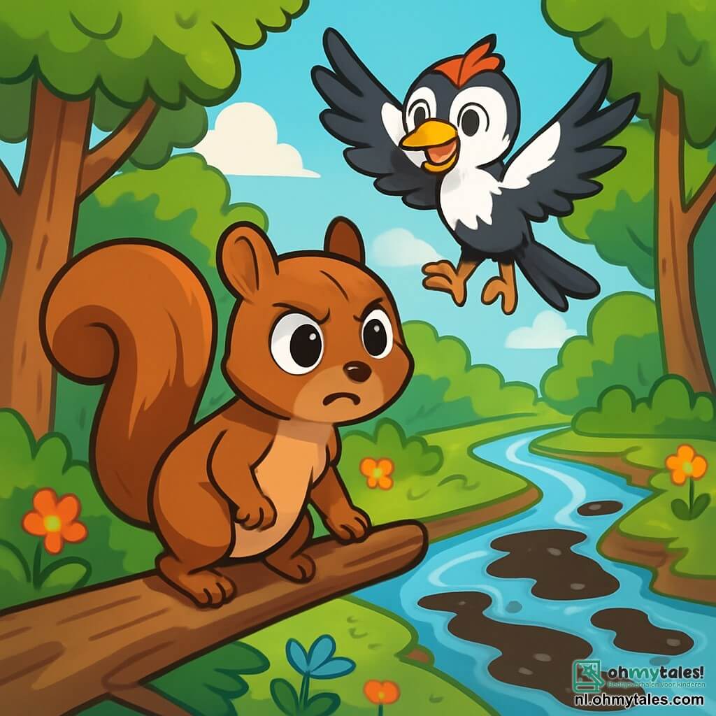 In een zonnige open plek kijkt een jonge eekhoorn genaamd Charlie, met een bruin vacht en een pluizige staart, met grote ogen en een vastberaden uitdrukking. Hij staat op een lage tak en observeert de vervuilde rivier die beneden stroomt. Naast hem staat zijn beste vriendin, Penny de specht, met haar glanzende zwart-witte verenkleed, die enthousiast met haar vleugels slaat en een bemoedigende glimlach toont. Ze zit op een tak net boven Charlie, klaar om hem te helpen. De plek is een groene bos, met majestueuze bomen met schitterende bladeren, kleurrijke bloemen verspreid over de grond en een rivier die door het landschap kronkelt, maar nu verstoord is door donkere vlekken van vervuiling. De hoofdscène toont Charlie en Penny die de rivier observeren, zich bewust van het belang van hun missie om hun habitat te redden, omringd door de schoonheid van de natuur die hen oproept om te handelen.