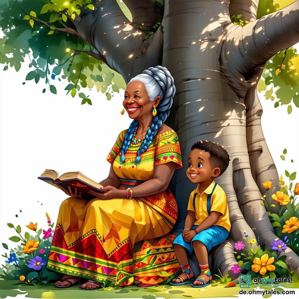 Nana, eine ältere Frau mit geflochtenem grauem Haar und einem warmen Lächeln, sitzt unter einem großen Baobab, umgeben von grünen Blättern und bunten Blumen. Sie trägt ein traditionelles Kleid mit lebhaften Mustern und hält ein altes Buch auf ihren Knien, ihr Blick strahlt Weisheit und Güte aus. Kofi, ein achtjähriger Junge mit funkelnden Augen und goldenem Teint, sitzt ihr gegenüber, die Beine crossed, und hört aufmerksam zu. Er trägt ein buntes T-Shirt und eine Stoffshorts, sein Gesicht ist von Neugier und Staunen erleuchtet. Der Ort ist ein malerisches afrikanisches Dorf mit Lehmhäusern und Strohdächern, grünen Feldern am Horizont und bunten Vögeln, die in einem strahlend blauen Himmel fliegen. Die Hauptsituation zeigt Nana, die Kofi Geschichten der Weisheit erzählt, während der sanfte Wind die Blätter um sie tanzen lässt und eine magische, warme Atmosphäre schafft.