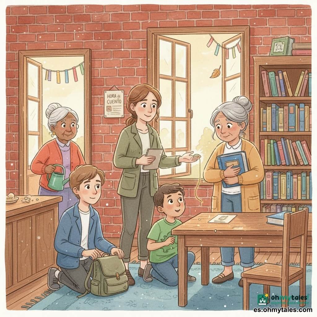 Una mujer adulta, la detective Clara, aparece serena y amable, cabello castaño recogido, chaqueta kaki y libreta en la mano izquierda, sonríe suavemente mientras extiende la mano hacia un gran libro de cubierta azul con una franja dorada desgastada. Marta, la bibliotecaria de unos 60 años, con cabello gris en moño y cárdigan mostaza, abraza el libro al pecho con alivio, junto a una estantería de madera. Leo, un niño de 6 años con camiseta verde de dinosaurio, mira el libro con ojos asombrados desde una posición agachada junto a la mesa. Nico, un joven de unos 20 años con chaqueta azul, abre discretamente su mochila junto a la detective, la mano cerca de un hilo dorado que cuelga de la cubierta. La vecina Inés, de unos 70 años, con pelo blanco y regadera verde, está en la puerta lateral con mirada cómplice. Interior: pequeña biblioteca acogedora con paredes de ladrillo, grandes ventanas que dejan entrar luz dorada, estanterías bajas llenas de libros, alfombra azul y mesa de madera gastada; la escena muestra la devolución del libro con una brisa que mueve ligeramente una hoja y una guirnalda de cintas; ambiente suave en colores pastel tipo acuarela, con detalles menores como migas en el mostrador y un cartel “Hora del Cuento” en la pared.