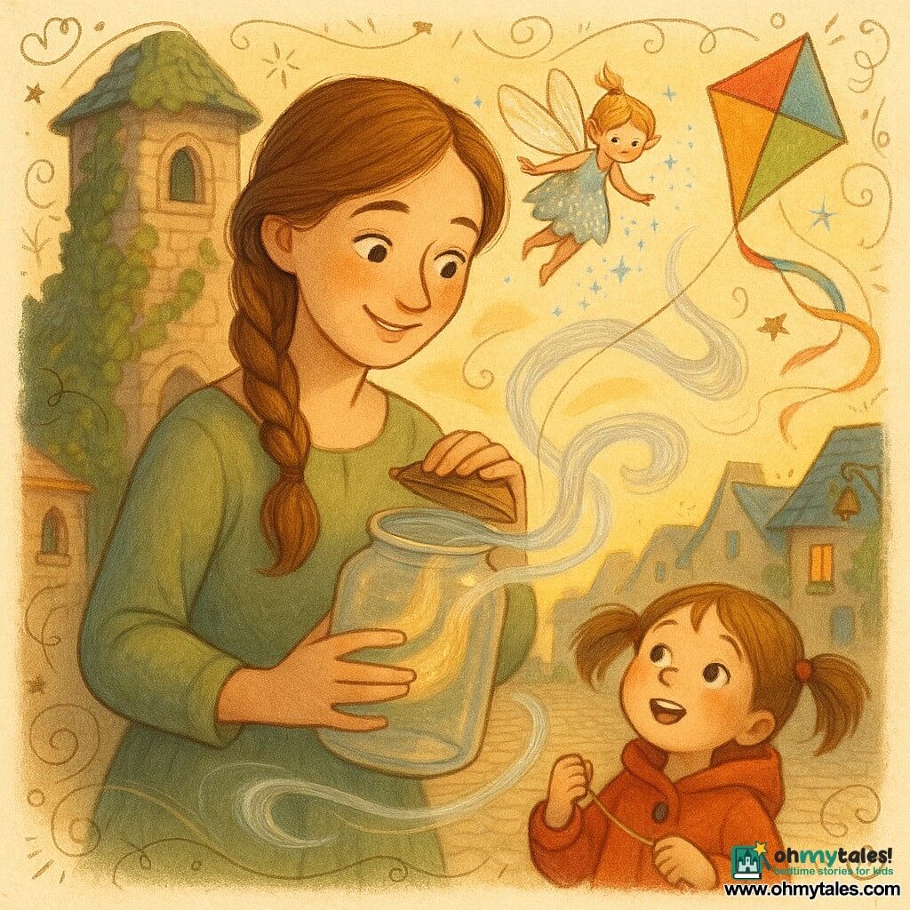 Adult Elowen, soft‑faced and smiling with bright hazel eyes and light chestnut braided hair, wearing a simple sage dress, delicately opens a large glass jar and reaches toward a breeze that escapes; nearby the small nonhuman fairy Luma in a dewy, sparkling dress with translucent gold‑edged wings hovers at Elowen’s shoulder sprinkling tiny blue sparks; a six‑year‑old girl in pigtails and a red coat stands a few steps ahead holding a colorful kite beginning to lift, eyes skyward; the scene is an ivy‑covered old stone tower with a round window, a cobbled lane to a square of blue‑roofed houses with doorbells and flower pots in golden evening light; Elowen releases the wind and silver, shimmering ribbons swirl around them, lifting the kite and making the village bells tinkle.