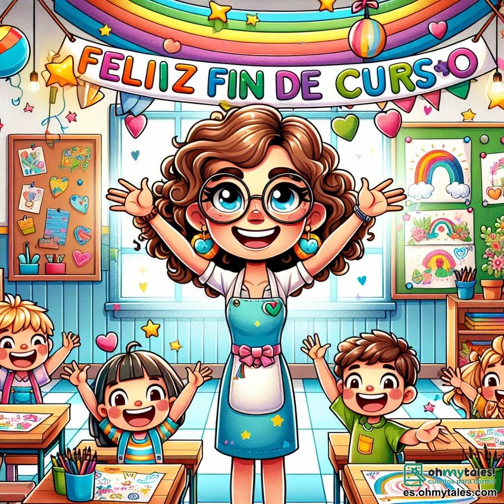 La escena muestra a la señorita Clara, una mujer de unos treinta años, con cabello castaño rizado y gafas redondas, sonriente y llena de energía. Está de pie en el centro de la clase, rodeada de decoraciones coloridas, sosteniendo un cartel "Feliz Fin de Curso" con estrellas y corazones, expresando una alegría contagiosa. A su derecha, Lucas, un niño de 8 años con cabello rizado y gafas, levanta los brazos con entusiasmo, listo para compartir sus descubrimientos. A su izquierda, Sofía, una niña de 7 años con cabello largo y liso, muestra orgullosamente su dibujo de un arcoíris, con los ojos brillantes de orgullo. El lugar es un aula luminosa, llena de colores vivos: paredes decoradas con dibujos de niños, mesas de madera con juegos educativos y globos suspendidos en el techo. Una gran ventana deja entrar la luz del sol, iluminando el espacio. La situación principal muestra la fiesta de fin de año, donde los niños se divierten compartiendo sus proyectos y bailando, creando una atmósfera alegre y festiva, llena de risas y aprendizaje.