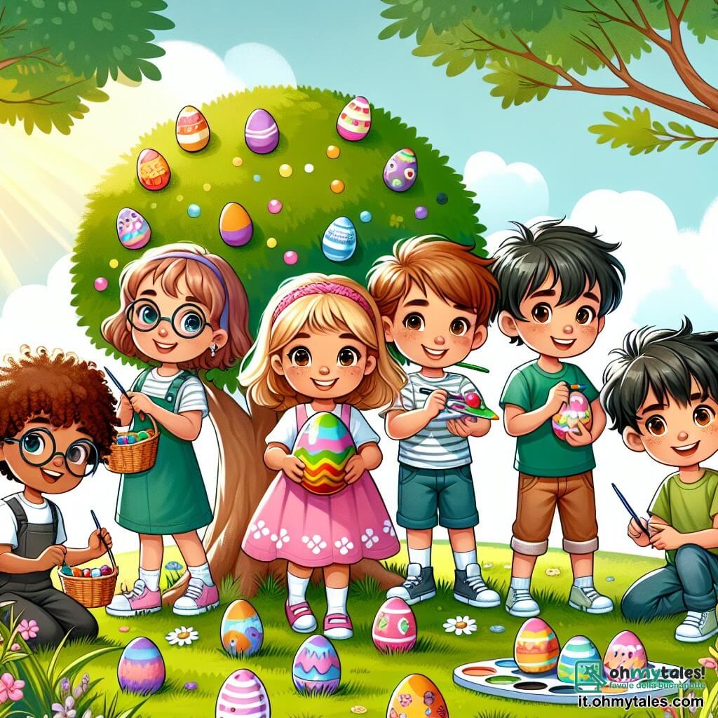 In un parco soleggiato, cinque bambini sono riuniti per una caccia alle uova di Pasqua. Luca, un ragazzo di dieci anni con capelli castani e un sorriso brillante, tiene un uovo di legno colorato in mano e si trova al centro, pieno di entusiasmo. Sara, una ragazza di nove anni con capelli biondi e ricci, indossa un vestito rosa e a sinistra di Luca sta dipingendo un uovo con colori vivaci. Marco, un ragazzo di dieci anni con occhiali e capelli castani, è a destra di Luca, sorridente e pronto a creare con una tavolozza di colori. Sofia, una ragazza di otto anni con occhiali rotondi e trecce, è accovacciata davanti a un grande albero, osservando attentamente un uovo nascosto nell'erba. Giovanni, un ragazzo di sette anni con capelli neri e una maglietta verde, è un po' in disparte con un piccolo cesto di vimini pieno di uova colorate. Il parco è pieno di fiori vivaci, grandi alberi verdi e un cielo blu chiaro, con uova di Pasqua colorate sparse ovunque. I bambini ridono e si entusiasmano mentre cercano uova brillanti, pronti a scoprire le sorprese magiche che la Pasqua riserva loro.