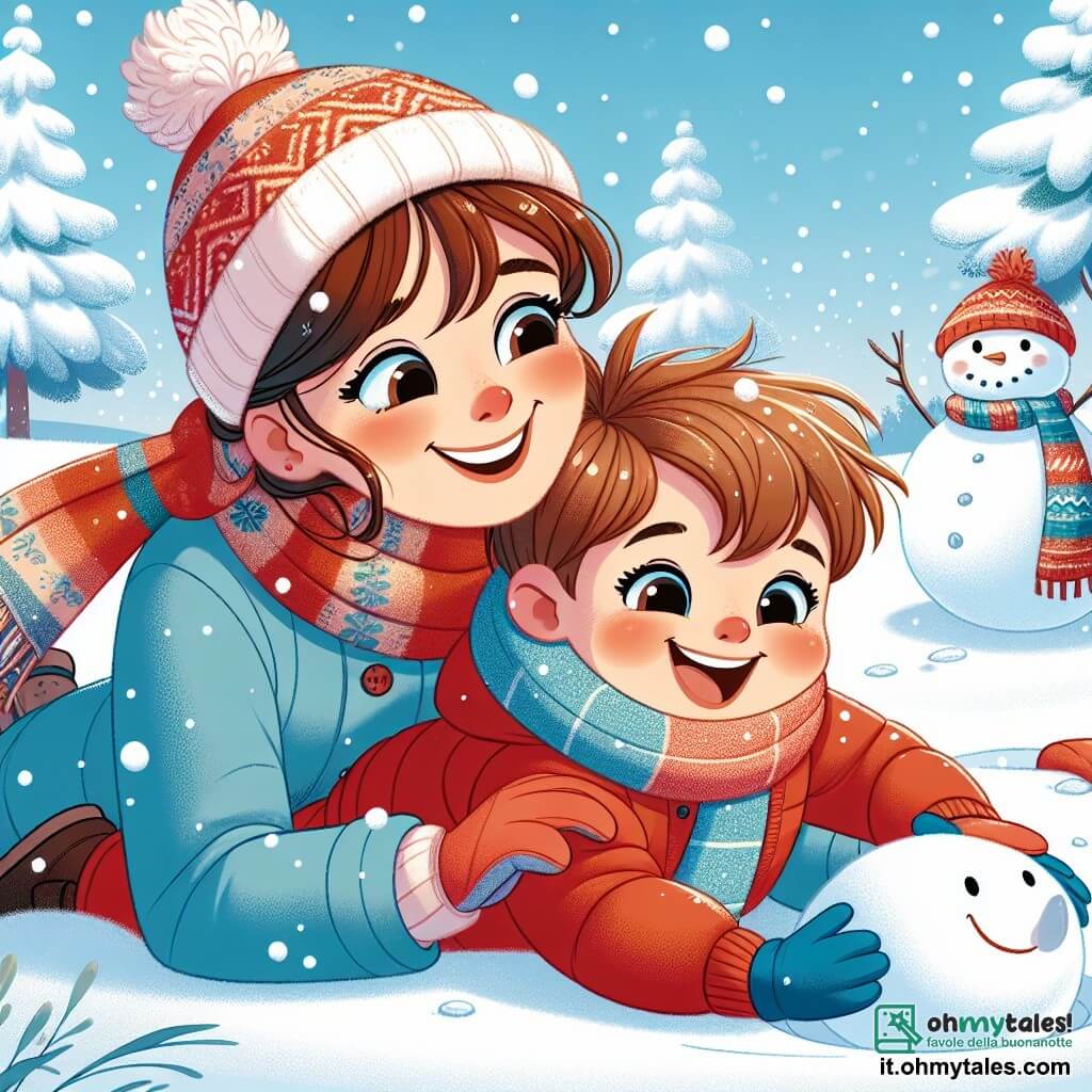 Un bambino di un anno, con capelli castani disordinati e grandi occhi scintillanti, è sdraiato nella neve, ridendo a crepapelle. Indossa una tuta invernale rossa, guanti blu e un berretto di lana con un pompon. Accanto a lui, la mamma, una donna di circa 30 anni con capelli castani raccolti in uno chignon e un sorriso caloroso, rotola una palla di neve per creare un grande pupazzo di neve. Indossa una giacca blu e una sciarpa colorata, piegandosi leggermente verso il figlio con tenerezza. La scena si svolge in un parco invernale, dove la neve copre il terreno come un morbido tappeto bianco. Gli alberi con i rami carichi di neve si ergono sullo sfondo, e il cielo è di un blu chiaro, punteggiato di nuvole soffici. Il bambino si diverte a fare angeli nella neve, mentre la mamma costruisce un pupazzo di neve accanto a lui, creando un'atmosfera gioiosa e calorosa in pieno inverno.