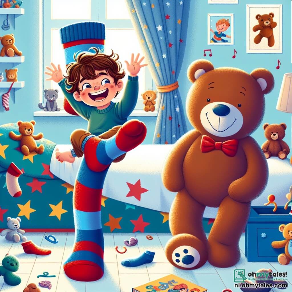 Klaas is een 6-jarig jongetje met rommelig bruin haar en een grote glimlach. Hij zit op zijn bed, omringd door knuffels, met kleurrijke dekens met sterrenmotieven. Naast hem danst een grote gekleurde sok met rode en blauwe strepen, met ronde ogen en een grote glimlach. Een teddybeer, genaamd Monsieur Bear, is een grote bruine beer met een rode strik, die op de grond staat, klaar om met hen te dansen. De scène speelt zich af in Klaas' kamer, vol met verspreide speelgoed, boeken op de planken en zacht licht dat door de gordijnen valt. De muren zijn lichtblauw, versierd met tekeningen van dieren en wolken. Klaas, de sok en Monsieur Bear dansen vrolijk samen, met gelach en grappige bewegingen, wat een speelse en warme sfeer creëert, net voor bedtijd.