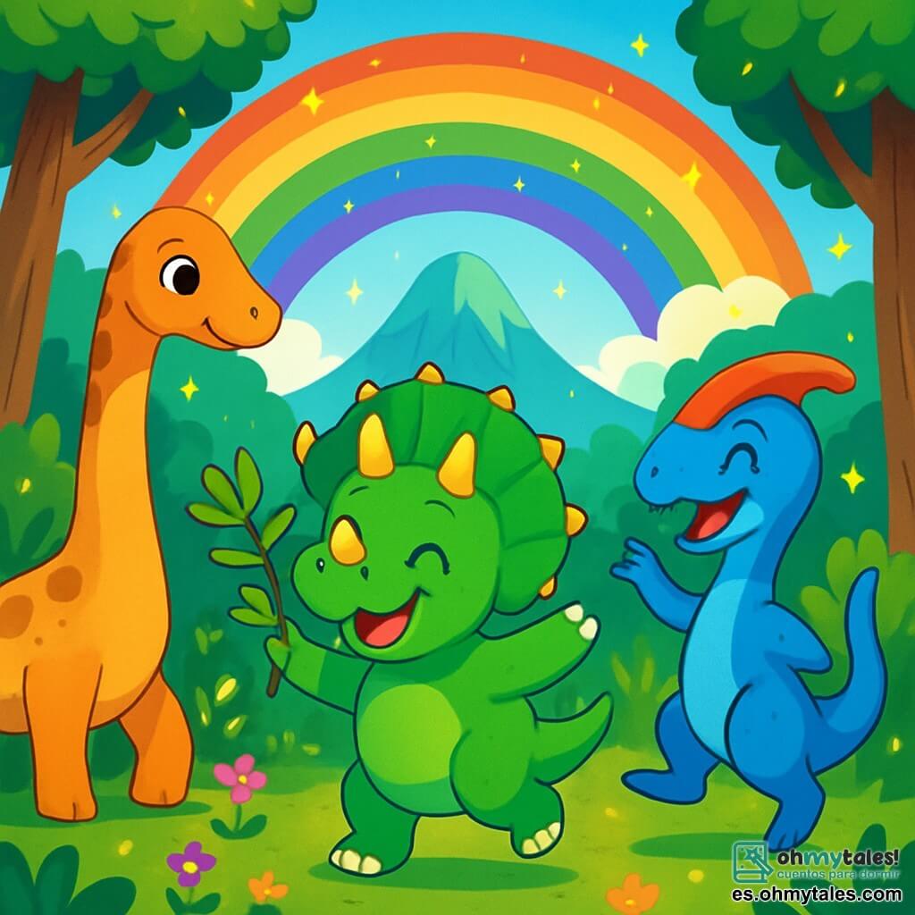 Un tricératops alegre, llamado Tito, está en el centro de la imagen. Es de un verde brillante, con tres cuernos relucientes y una gran sonrisa que ilumina su cara. Tito baila bajo un arcoíris centelleante, con sus ojos chispeantes de felicidad. A su lado, una amistosa braquiosaurio, Lila, con un largo cuello y manchas marrones, le ofrece una rama llena de hojas verdes. Un parasauralophus travieso, Dino, con una cresta roja y un pelaje azul brillante, salta a su alrededor, riendo de alegría. Al fondo, se alza una majestuosa montaña cubierta de flores coloridas y luciérnagas brillantes que danzan en el aire. La escena ocurre en un claro encantado, donde la luz del sol se filtra a través de los árboles gigantes, creando una atmósfera mágica. Tito, Lila y Dino celebran su amistad bailando juntos bajo el radiante cielo, rodeados de la belleza de la naturaleza prehistórica.