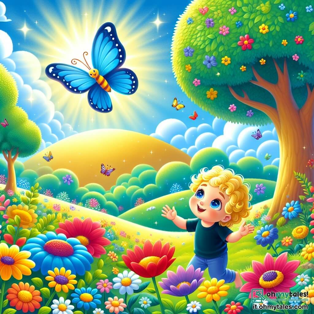 In un giardino incantato, un bambino di 18 mesi di nome Leo, con capelli biondi ricci e grandi occhi blu scintillanti, sorride gioiosamente guardando una farfalla blu brillante. La farfalla, delicata e colorata, vola attorno a un grande e luminoso fiore giallo, le sue ali scintillanti sotto il sole. Il giardino è pieno di fiori multicolori, grandi alberi con foglie verdi brillanti e un cielo azzurro chiaro punteggiato di nuvole soffici. In lontananza, si intravede una collina dorata che sembra invitare all'esplorazione. Leo tende la mano verso la farfalla, pronto ad accompagnarla in un'avventura magica attraverso il Giardino dei Sogni, dove ogni fiore racconta una storia. La scena emana un'atmosfera gioiosa e sognante, piena di colori vivaci e luce.
