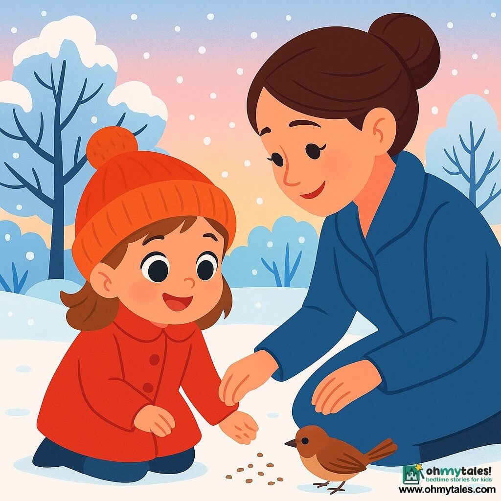 A 4-year-old girl with big bright eyes and rosy cheeks is wearing a bright red coat and a wool hat. She smiles in wonder while watching a small brown bird pecking at seeds in the snow. Next to her, her mother, a gentle woman in her 30s with brown hair tied in a bun, is wearing a blue coat and leans slightly towards her daughter, smiling tenderly. The scene takes place in a winter garden, with the ground covered in a thick layer of sparkling snow under the soft light of dusk. Snow-laden trees stand in the background, and the sky is tinted with pastel shades of pink and blue. The girl and her mother are feeding the small bird by scattering seeds on the snow, while snowflakes gently fall around them, creating a magical and peaceful atmosphere.