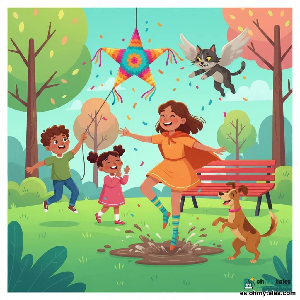 Lila, joven y alegre, sonríe con mejillas sonrojadas; lleva una capa corta naranja y calcetines a rayas muy coloridos y baila de puntillas girando los brazos. Tito, un gato volador gris y negro con grandes alas suaves, tiene aire travieso y flota sobre ella a la derecha. Un niño de unos 7 años, pelo castaño corto, sujeta la cuerda de la piñata y salta de alegría a la izquierda; una niña de unos 6, con coletas, aplaude emocionada frente a la piñata colorida que baja lentamente. Un perro marrón de tamaño medio, entusiasta y moviendo la cola, baila en dos patas cerca de un niño pequeño intentando atrapar su propia cola. El parque es luminoso y gráfico: césped verde, árboles redondeados de hojas en tonos pastel, un banco rojo y una gran piñata estrellada colgada en el centro; hay un charco lodoso cerca de los pies de Lila. La escena muestra a Lila haciendo una gran pirueta que hace bajar la piñata mientras resbala y salpica en el charco; los niños ríen y aplauden y Tito vuela encima lanzando confeti. Estilo: ilustración vectorial nítida, colores saturados y contrastados, trazos suaves y composición clara para niños pequeños.