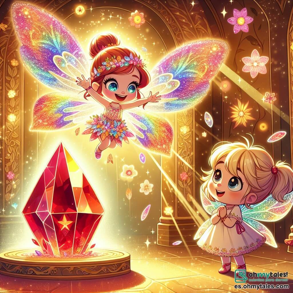 Una pequeña hada llamada Lila, con alas brillantes de colores del arcoíris, flota alegremente en el aire. Su rostro está iluminado por una gran sonrisa y lleva un vestido hecho de pétalos de flores. Extiende la mano hacia un cristal rojo brillante, símbolo de la magia de la ciudad. Junto a ella, una niña llamada Luna, de unos 8 años, la observa con asombro. Tiene grandes ojos curiosos y cabello dorado que brilla al sol. Lleva un vestido ligero y colorido, y mira el cristal con fascinación, lista para hacer un sacrificio para salvar la magia. La escena transcurre en una habitación mágica, llena de luz dorada. En el centro, un gran cristal rojo emite rayos luminosos, mientras que patrones de flores y estrellas bailan en las paredes. Libros voladores flotan a su alrededor, añadiendo un toque de misterio a la atmósfera. Lila y Luna están frente al cristal, listas para liberar la magia de la ciudad. Lila sonríe con esperanza, mientras que Luna, con una expresión decidida, está a punto de dejar su piedra azul, un acto de valentía para salvar su mundo encantado.