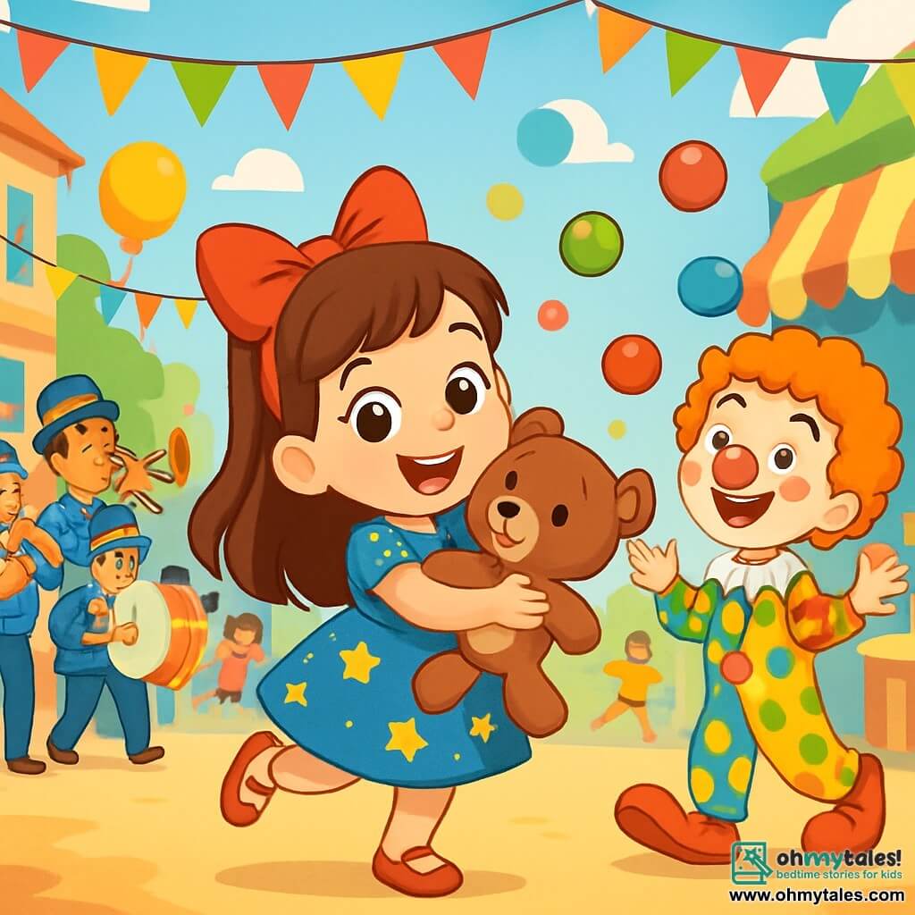 A 6-year-old girl named Mila, with big sparkling eyes and a radiant smile, wears a blue dress adorned with shimmering stars and a large red bow in her brown hair. She joyfully dances, holding her teddy bear, Benny, in her arms, with a look of wonder on her face. Next to her, a 7-year-old boy in a colorful clown costume with a red nose and giant shoes juggles colorful balls, laughing with happiness. A group of musicians in shiny costumes plays drums and trumpets, creating a festive atmosphere around them. The scene is set on a lively street decorated with bright garlands, floating balloons, and candy stands, with children running and playing under a bright blue sky. The main focus is on Mila and Benny, amazed in the middle of the celebration, surrounded by laughter and music, ready to explore the wonders of the carnival.