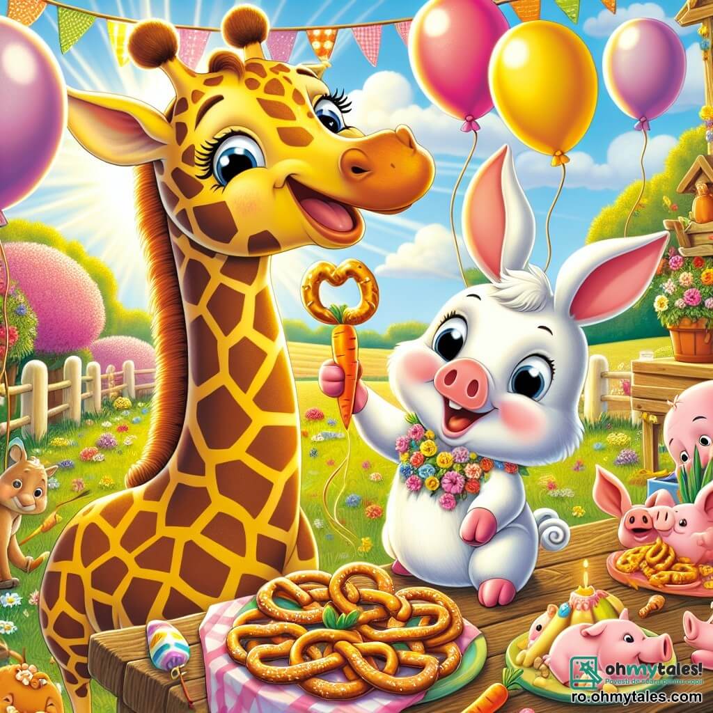 O girafă veselă numită Gigi, cu un gât lung zebră de pete galbene și maronii, zâmbește larg în timp ce decorează o fermă colorată cu baloane și flori strălucitoare. Lângă ea, un iepuraș numit Micky, cu urechi mari și blană albă, sare de bucurie ținând o morcov în picioare, pregătit să o ajute. În fundal, un purceluș numit Bubu, cu pielea roz și obraje rotunzi, este ocupat să pregătească prăjituri delicioase pe o masă din lemn rustic. Scena se desfășoară într-o fermă însorită, înconjurată de câmpuri verzi și copaci înfloriți, unde aerul este plin de râsete și bună dispoziție. Gigi și prietenii ei pregătesc o mare petrecere, plină de jocuri și delicii, în timp ce razele soarelui luminează aventura lor veselă.