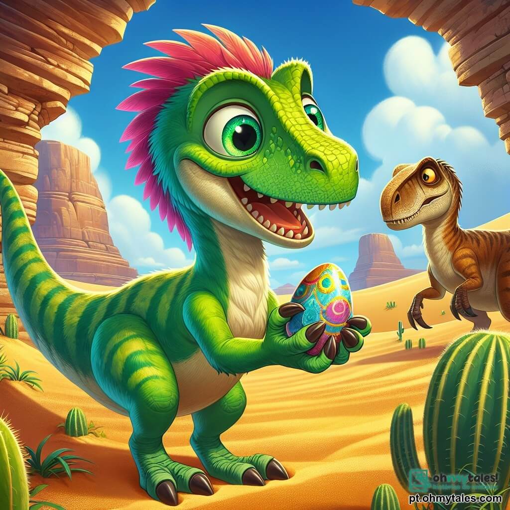 Um velociraptor chamado Rafi, com plumagem verde brilhante e olhos cheios de curiosidade, está no centro da imagem, segurando uma pedra colorida com suas pequenas patas, exibindo um grande sorriso de empolgação. Ao seu lado, sua irmã Lili, um velociraptor de penas rosas, observa a pedra com admiração, os olhos arregalados, enquanto se mantém um pouco para trás, pronta para ouvir seu irmão. Ao fundo, seu pai, o sábio Velociraptor Velo, com penas marrons e um olhar protetor, observa atentamente, perto da entrada de uma caverna. O cenário é um vasto deserto antigo, com dunas de areia dourada se estendendo até onde a vista alcança, salpicadas de grandes cactos verdes e rochas esculpidas pelo vento. O céu é de um azul brilhante, com algumas nuvens brancas flutuando, e uma tempestade de areia distante se perfila no horizonte, criando um contraste dramático. A cena captura o momento em que Rafi descobre a pedra mágica, cercado por sua família, prontos para embarcar em uma nova aventura juntos, com um sentimento de admiração e camaradagem palpável.