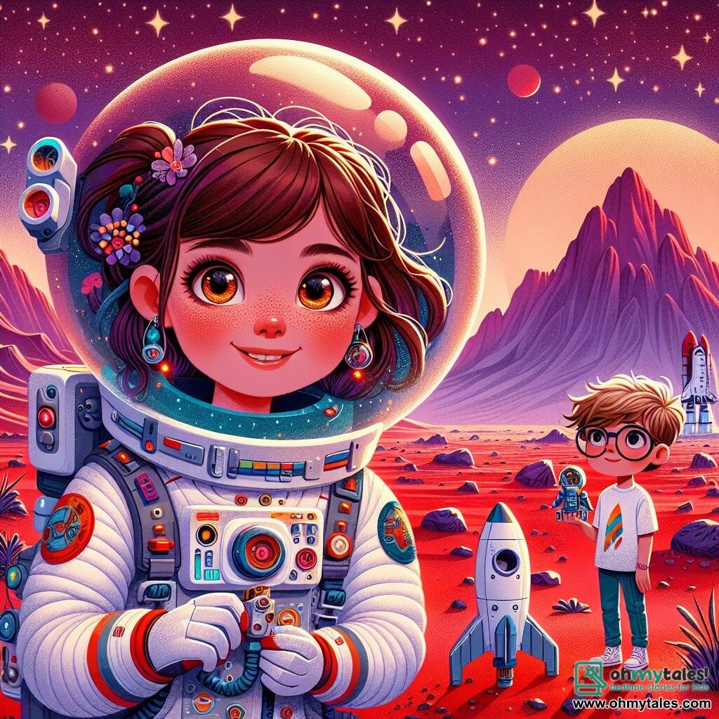 The main character is an astronaut, Dr. Amelia Starling, with brown hair in a ponytail and sparkling curious eyes. She wears a white spacesuit with colorful details and a clear helmet, standing on the red surface of Mars with a look of wonder, gazing at the alien landscape. Nearby, a young boy of about 10, with messy blonde hair and glasses, admires Amelia. He wears a rocket-patterned t-shirt and holds a small model spaceship, dreaming of becoming an astronaut one day. The setting is a spectacular Martian landscape, featuring red sand dunes, majestic mountains on the horizon, and a purple sky dotted with twinkling stars. Strange rocks and unique geological formations enhance the beauty of this alien environment. The main scene shows Amelia enthusiastically collecting Martian soil samples with a small scientific tool, while the boy watches her, his eyes shining with wonder, imagining the adventures he could have in space.
