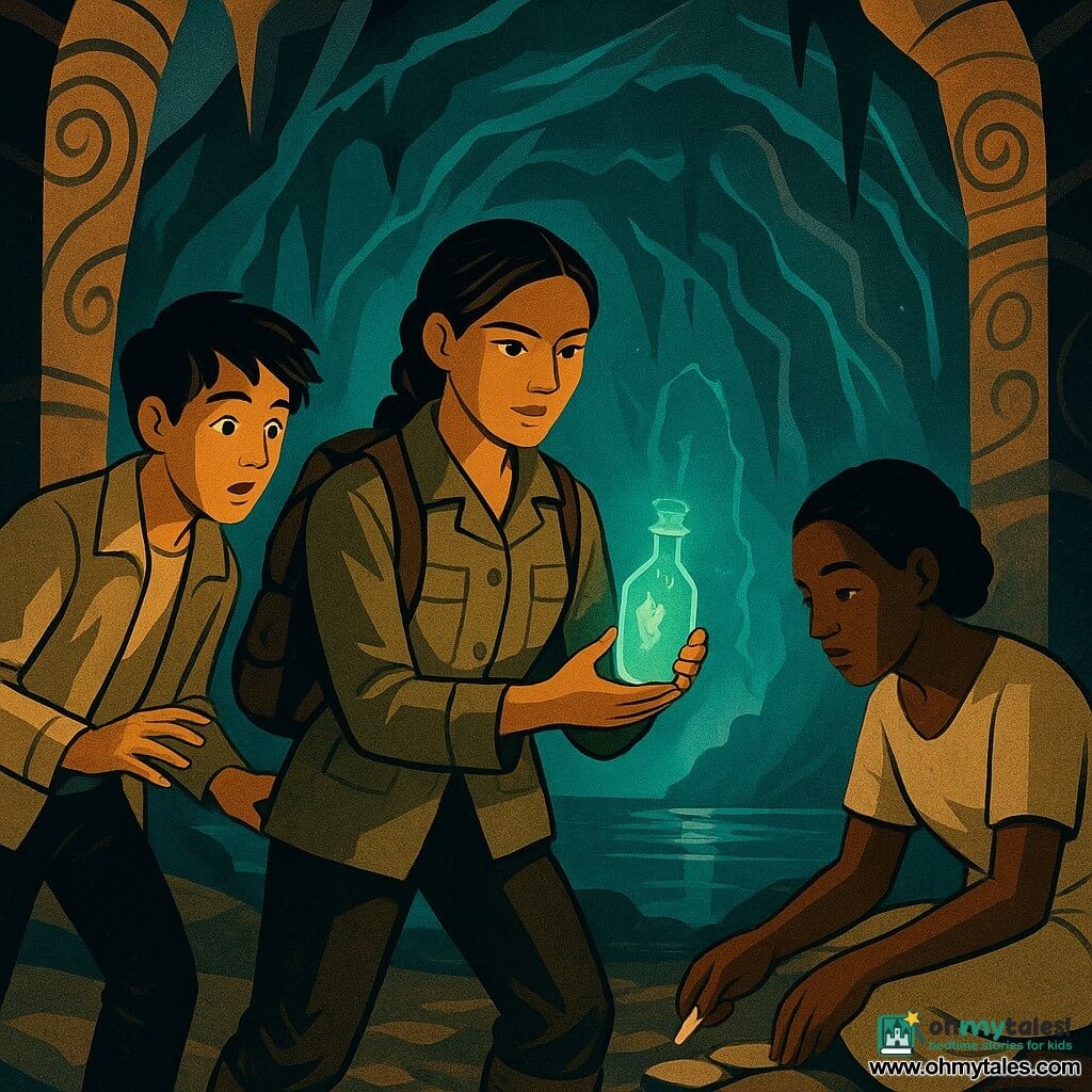 Mara, an explorer of about 35 with a determined yet gentle face, braided brown hair, a khaki canvas jacket, muddy leather boots and a worn backpack, holds a small glass bottle glowing blue-green; Jory, about 16, messy-haired and both awed and anxious in a light beige jacket, stands slightly left and ready to help, eyes fixed on the bottle; Kessa, an artisan of about 30 with calloused hands and a simple linen outfit, crouches to the right behind Mara examining flat stones while holding white chalk. They are in a vast cavern of gray-brown rock with blue-green luminous veins, elegant stalactites, a dark mirror lake reflecting the glow and a small misted stone island; the team has just sampled a luminescent spring and the scene captures a calm tension: humid, shimmering air, focused faces bathed in soft light creating bold shadows, in a symmetrical Art Deco–inspired composition with spiral motifs carved on stone pillars in the background.