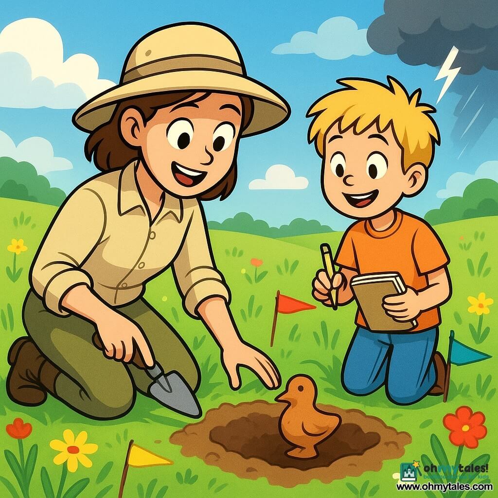 A female archaeologist, Dr. Mina, is kneeling in a green field, her eyes shining with excitement and curiosity. She wears a beige sun hat, a lightweight long-sleeve shirt, and sturdy boots, holding a small trowel in one hand while gently exploring the ground with the other. Nearby, a young boy around 10 years old, her assistant, watches attentively, his tousled blonde hair and amazed smile evident as he holds a notebook and pencil. The setting is a vast sunny field dotted with colorful wildflowers and small hills, under a blue sky with fluffy white clouds. In the distance, flashes of light indicate an approaching storm, adding a touch of mystery to the scene. The main focus shows Dr. Mina discovering an ancient pit in the ground, where she has found a small clay bird figurine, which she examines carefully as the wind makes the colorful marking ribbons dance around her.