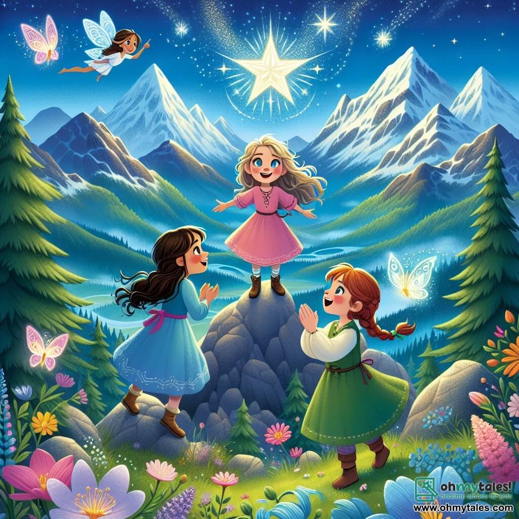Three brave girls stand at the top of a mountain: Lily, an 8-year-old with long brown hair in a pink dress, smiles enthusiastically while pointing at a bright star; Mia, a 7-year-old with braided blonde hair in a blue tunic, gazes at the mountain with wide eyes; and Zoe, a 9-year-old with red hair in a green dress, claps joyfully. The surrounding landscape is stunning, featuring majestic snow-capped mountains, a bright blue sky dotted with fluffy white clouds, and a lush forest below filled with colorful flowers and dancing butterflies. In the center of the illustration, the fairy Twinkle, small and glowing with sparkling wings, hovers above them, holding a magical star that shines brightly. The girls are celebrating their victory after finding the lost star, surrounded by an aura of magic and joy.
