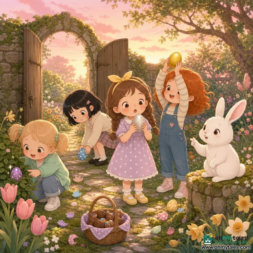 Five characters: Lila, an 8-year-old girl with brown braided hair tied with a yellow ribbon in a pastel polka-dot dress, stands center holding a small silver swirled egg labeled "For the kindest" with a look of wonder; Mila, 8, blond pigtails and a mint jacket, crouches left pointing at a sparkly purple egg under a bush; Erin, 8, curly red hair in blue overalls, stands right raising a shiny golden egg above her head, smiling; Sophie, 8, short black hair in a plaid skirt, slightly behind picking up a speckled blue egg under a leaf; and a small talking white rabbit with fluffy fur, hazel eyes and pink ears perches on a stone wall nearby with a twitching nose and raised paw. They are in a secret garden beyond an open old wooden gate with a mossy stone path, beds of pink tulips and yellow daffodils, scattered colorful egg fragments, and a rosy late-afternoon sky with warm golden light; the girls discover the silver egg together with expressions of wonder and friendship, an wicker basket of chocolates at their feet, soft saturated colors, rounded contours, and warm sunset lighting.