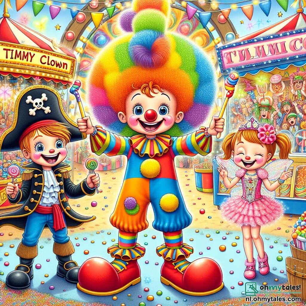 In een kleurrijke carnavalscène zien we drie hoofdpersonages: 1. **Timmy**, een 7-jarig jongetje in een felgekleurde clownskostuum met een grote clownshoofd, een enorme rode neus en schoenen die "piou-piou" maken. Hij staat in het midden van de afbeelding, glimlachend en met zijn armen in de lucht, vol energie. 2. **Max**, een 7-jarig jongetje aan zijn rechterkant, gekleed als piraat met een verenhoed en een ooglapje. Hij houdt een plastic zwaard omhoog en knipoogt met een grote glimlach. 3. **Sam**, een 7-jarig meisje aan de linkerkant van Timmy, gekleed als fee met glinsterende vleugels en een roze jurk. Ze houdt een toverstok vast en maakt een gebaar van magie, omringd door kleine fonkelende sterren. De achtergrond is een levendig carnaval met kleurrijke ballonnen die in de blauwe lucht zweven, bloemenkransen die aan de snoepstands hangen, en mensen in kostuums die om hen heen dansen. Op de achtergrond paradeert een grote optocht van versierde wagens met fonkelende lichten en fantasierijke personages. De belangrijkste situatie toont Timmy, Max en Sam, samengebracht in het hart van het feest, lachend en plezier makend, omringd door de magie en vreugde van het carnaval.