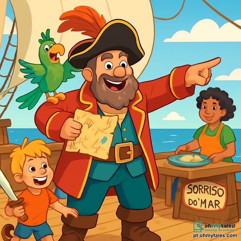 O Capitão Barriga-Feliz, um homem jovial de cerca de cinquenta anos, está no convés do navio Sorriso do Mar, com um grande sorriso e olhos brilhantes de alegria. Sua barba espessa é castanha com toques de grisalho, e sua roupa de pirata é colorida, com um chapéu de penas vibrantes. Ele segura um mapa do tesouro em uma mão, enquanto a outra aponta para o horizonte, demonstrando seu entusiasmo. Ao seu lado, Tonico, um papagaio com penas brilhantes de verde e azul, está empoleirado em seu ombro, rindo de forma travessa. Mais adiante, Dona Rita, uma mulher de quarenta anos com cabelos cacheados e um avental colorido, prepara um prato de peixe em uma mesa de madeira, lançando um olhar divertido para Barriga-Feliz. Finalmente, João Pé-de-Mola, um garoto de cerca de dez anos com cabelos loiros bagunçados, corre pelo convés com energia, rindo e brandindo uma espada de madeira. O local é um navio pirata vibrante, com velas brancas sopradas pelo vento, cordas entrelaçadas e barris de suprimentos espalhados pelo convés. Ao fundo, as ondas brilham ao sol, enquanto um céu azul claro se estende até onde a vista alcança. A cena principal mostra o capitão e sua tripulação se preparando para a aventura, cheios de excitação e risos, prontos para seguir o misterioso caminho traçado no mapa em busca do Tridente Dourado.
