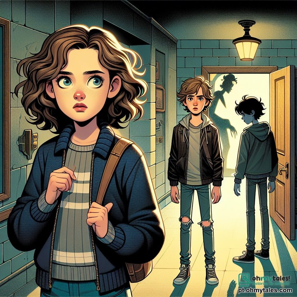 Uma menina de 12 anos, Clara, com cabelo castanho e cacheado, usa um suéter azul-marinho e um jeans rasgado. Seu rosto expressa curiosidade misturada com um leve medo, e seus olhos brilhantes observam a escuridão. Ao seu lado, Lucas, um garoto de 12 anos com cabelo loiro e bagunçado, veste uma jaqueta de couro e olha com uma expressão de preocupação, mantendo-se um pouco afastado. Eles estão em um longo corredor escuro da escola, com paredes de pedra cinza, onde sombras dançam sob a fraca luz das lâmpadas amareladas. A cena principal mostra Clara e Lucas diante de uma porta de madeira antiga, entreaberta, que emite uma luz misteriosa, enquanto uma sombra indistinta parece se mover atrás dela, criando uma atmosfera intrigante e assustadora.
