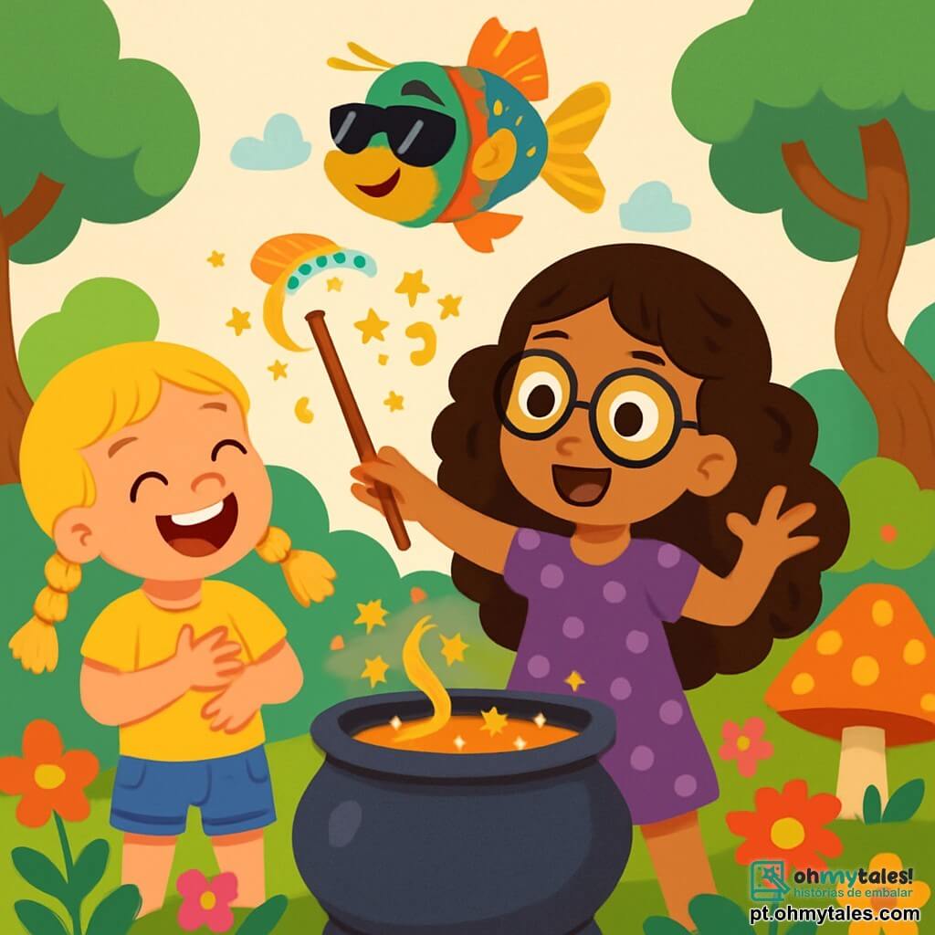 Há 3 personagens: - Tita: uma menina de 8 anos, com cabelos longos e cacheados e óculos redondos. Ela usa um vestido roxo com bolinhas e segura uma varinha mágica de madeira. Está no centro, com os braços levantados, pronta para lançar um feitiço. - Nina: uma menina de 7 anos, com cabelos loiros trançados e um grande sorriso. Ela usa uma camiseta amarela e um short jeans. Está à esquerda de Tita, rindo alto, fazendo um gesto de magia. - O peixe: um peixe colorido com escamas brilhantes e óculos de sol. Flutua acima das meninas, com uma expressão divertida, como se tivesse acabado de contar uma piada. O cenário é um jardim encantado, cheio de flores coloridas, cogumelos gigantes e árvores com troncos tortos. Um grande caldeirão fumegante está no meio, cercado por pétalas brilhantes. A situação principal mostra Tita e Nina, com os olhos arregalados, descobrindo um peixe falante que acabou de saltar do caldeirão. As meninas estão surpresas e divertidas, enquanto o peixe parece pronto para levá-las a uma nova aventura mágica.